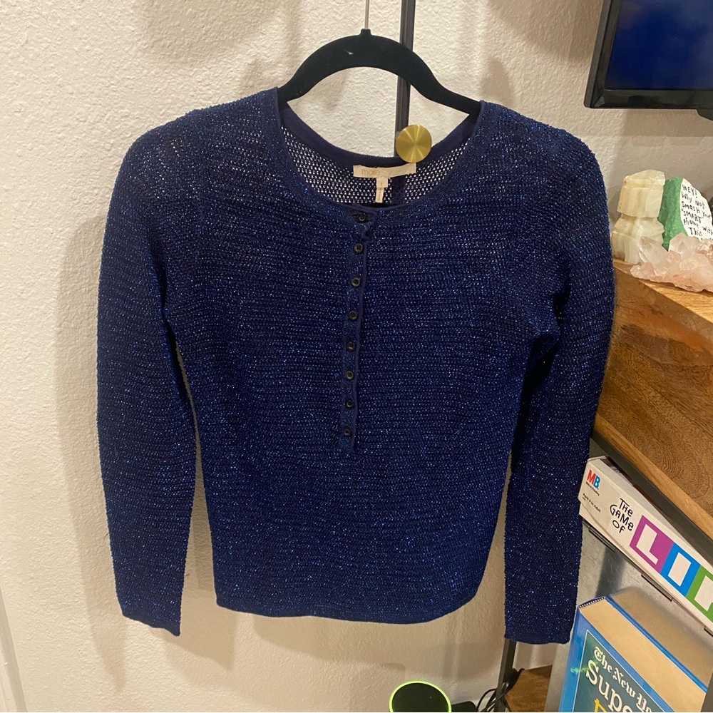 Maje blue metallic 3/4 sleeve sweater top pullover buttons holiday festive